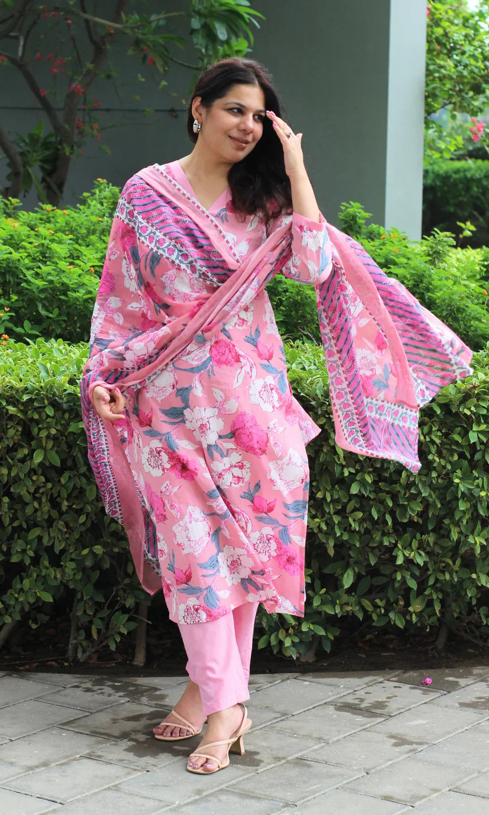 Pink Sanganeri Block Print Cotton Kurta Set with Afghani Pants & Dupatta