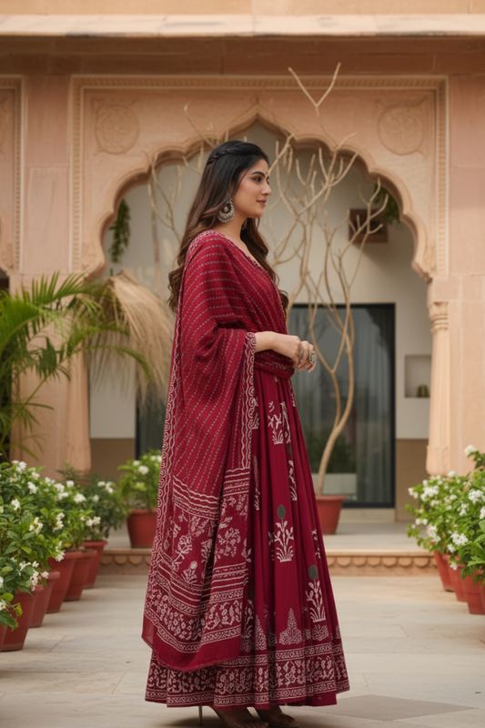 Jaipur Kurtiwala Premium Red Pure Cotton Anarkali Kurta Set For Women