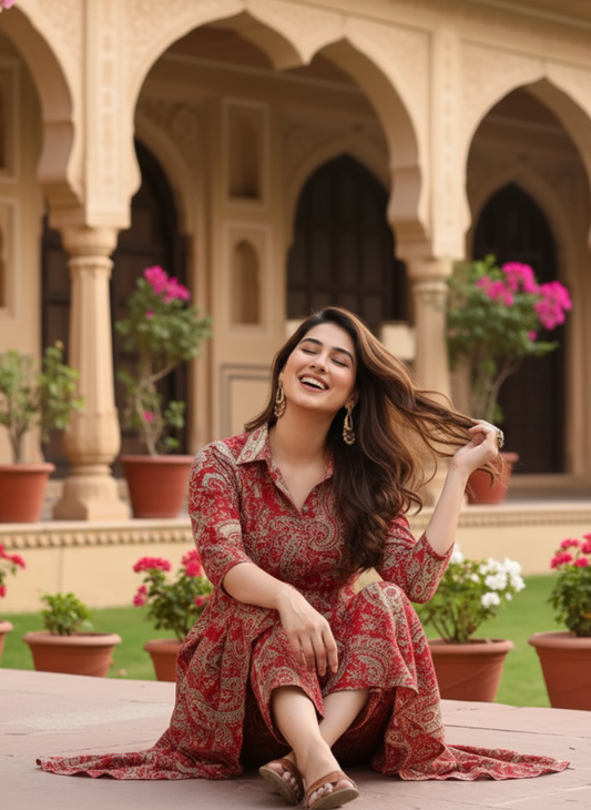 Red Ethnic Printed Cotton Co-Ord Set for Women