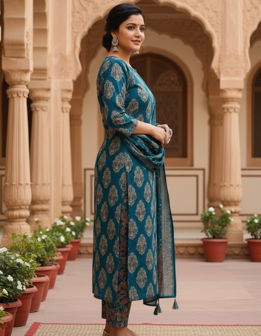 Teal Blue Cotton Printed Kurta Set with Dupatta for Women