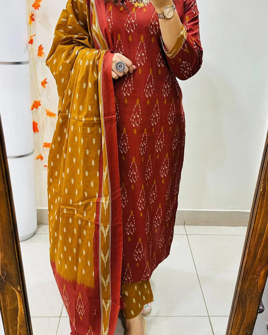 Jaipuri Ikat Print With Kurti Pant & Dupatta Set For Women