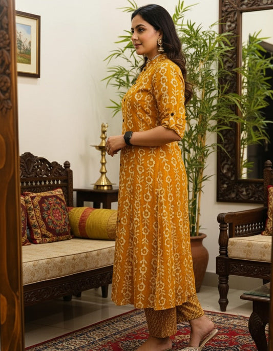 Mustard Yellow Cotton Mandala Printed Kurta Pant Set for Women