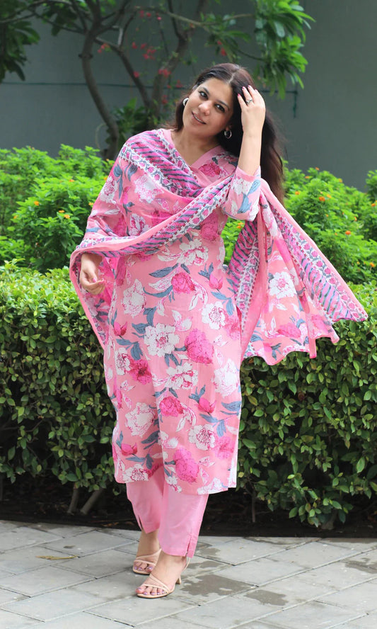 Pink Sanganeri Block Print Cotton Kurta Set with Afghani Pants & Dupatta