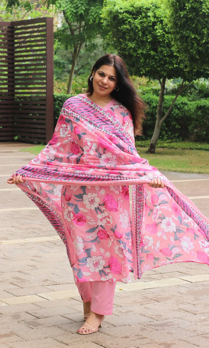 Pink Sanganeri Block Print Cotton Kurta Set with Afghani Pants & Dupatta
