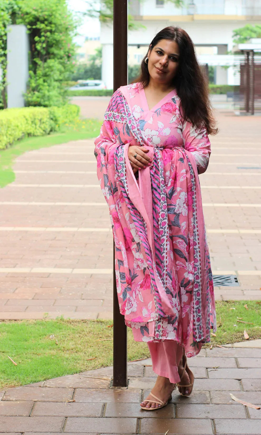 Pink Sanganeri Block Print Cotton Kurta Set with Afghani Pants & Dupatta