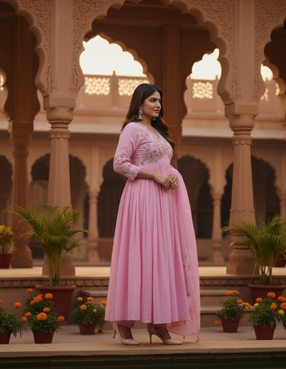 Pink Beautiful Embroidery And Sequence Work Kurta Set For Women