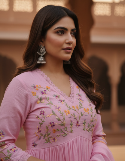 Pink Beautiful Embroidery And Sequence Work Kurta Set For Women