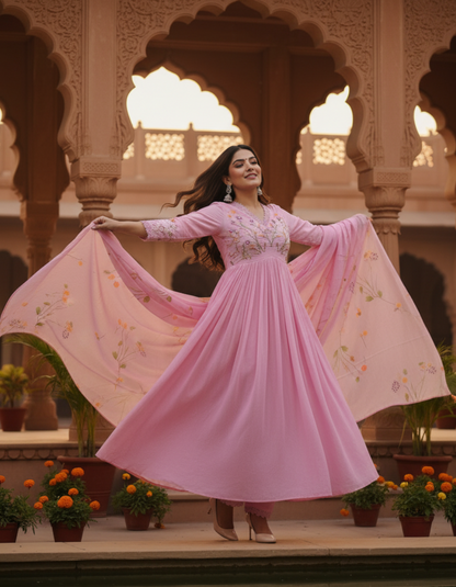 Pink Beautiful Embroidery And Sequence Work Kurta Set For Women