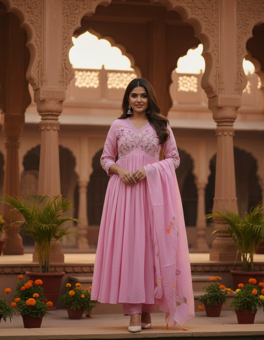 Pink Beautiful Embroidery And Sequence Work Kurta Set For Women