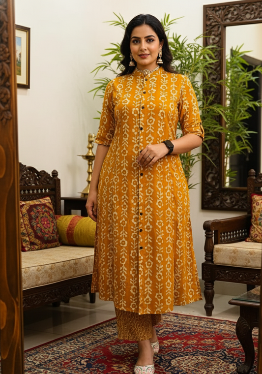 Mustard Yellow Cotton Mandala Printed Kurta Pant Set for Women