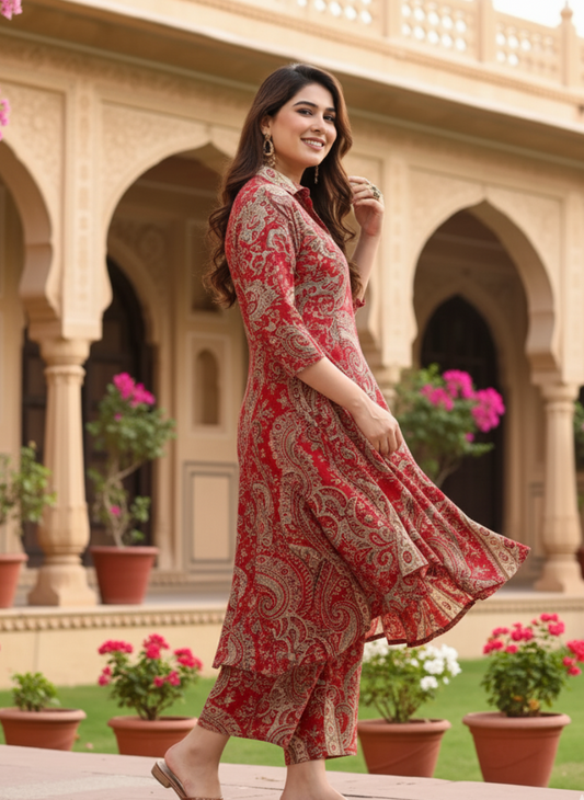 Red Ethnic Printed Cotton Co-Ord Set for Women