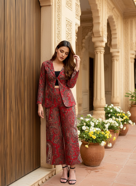 Red Cotton Paisley Print Co-ord Set Jacket Style