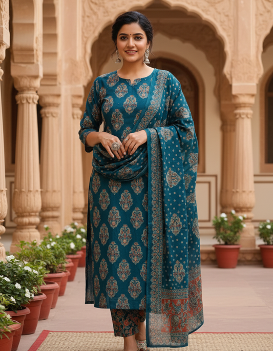 Teal Blue Cotton Printed Kurta Set with Dupatta for Women