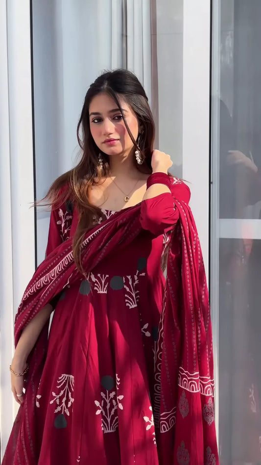 Maroon Handblock Anarkali Set