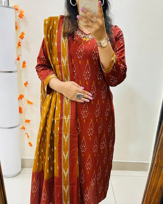 Jaipuri Ikat Print With Kurti Pant & Dupatta Set For Women