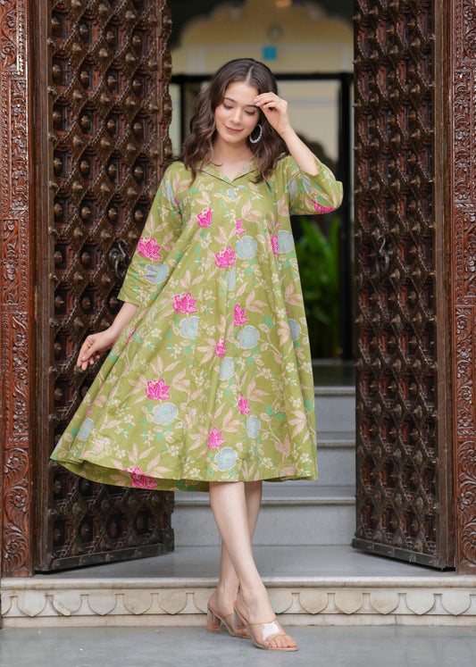 Olive Green Floral Printed Anarkali Kurta with Shirt Collar