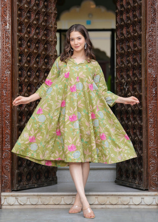 Olive Green Floral Printed Anarkali Kurta with Shirt Collar