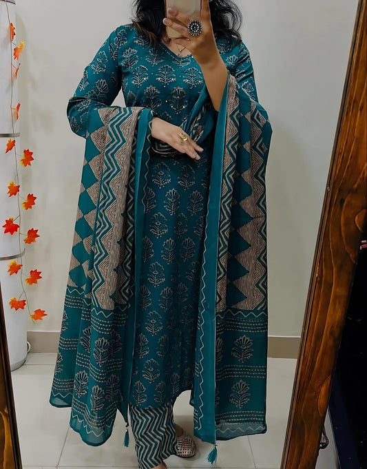 Blue Geometric Printed Kurta Set with Dupatta