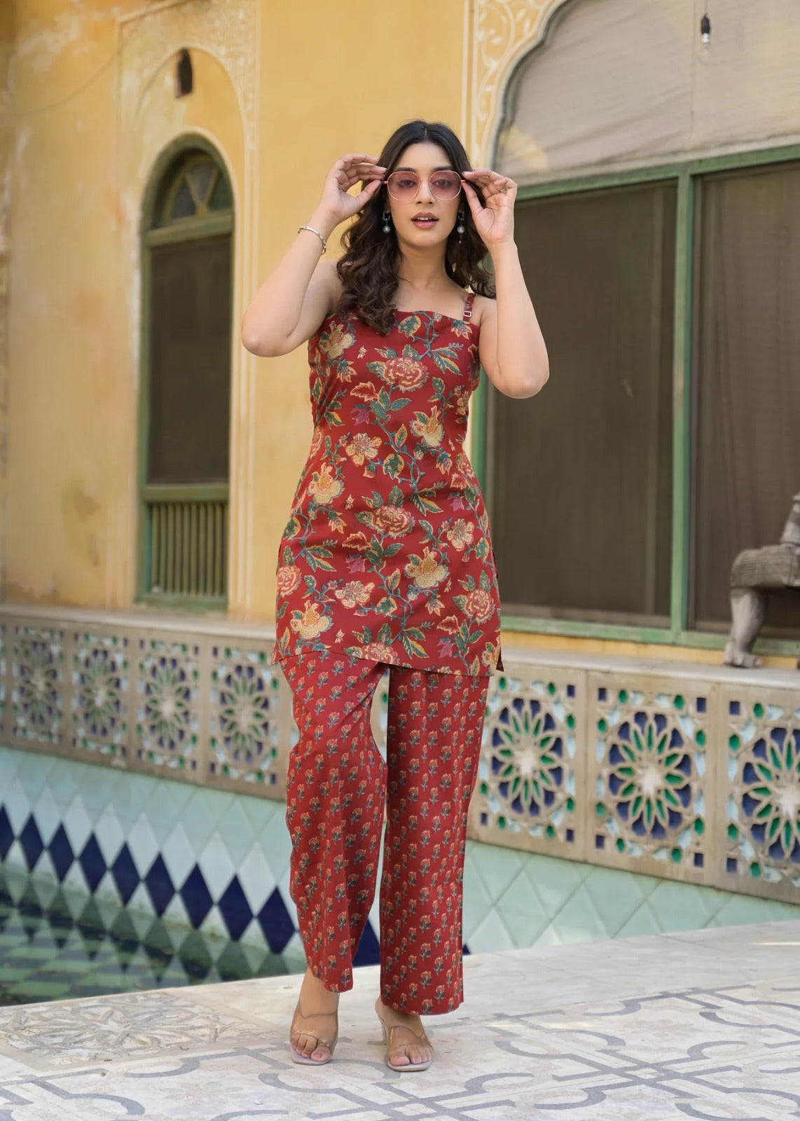 Ruhani Red Printed Cotton Co-Ord Set
