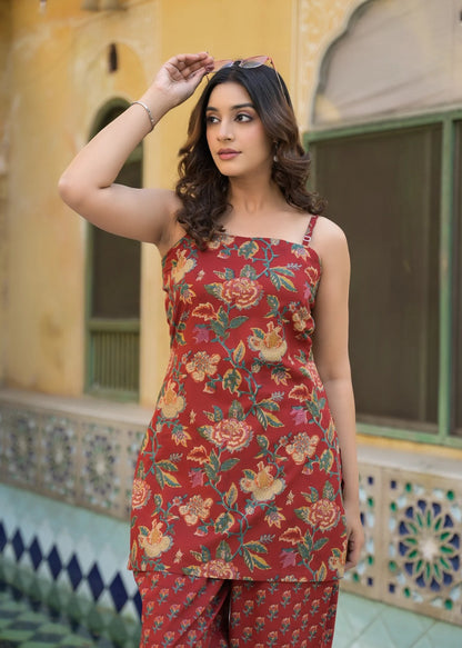 Ruhani Red Printed Cotton Co-Ord Set