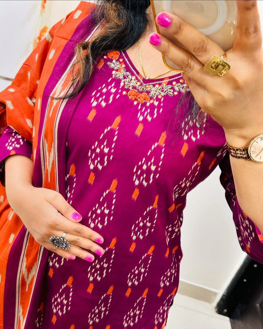 Purple Rayon Printed Kurta Set with Dupatta for Women