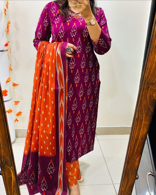 Purple Rayon Printed Kurta Set with Dupatta for Women