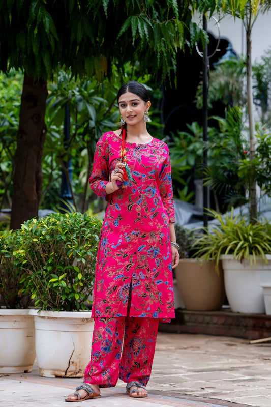 Dark Pink Rayon Printed Kurta Set for Women