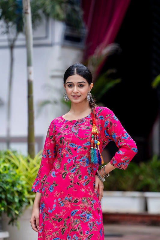 Dark Pink Rayon Printed Kurta Set for Women
